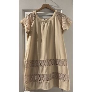 Swell Large Beige Lace Crochet Shift Dress Short Sleeve Lined Boho Chic